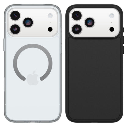 IPhone med gennemsigtigt cover, grå cirkeldesign og Apple-logo samt iPhone 17 Pro Max i klart MagSafe beskyttelsescover.