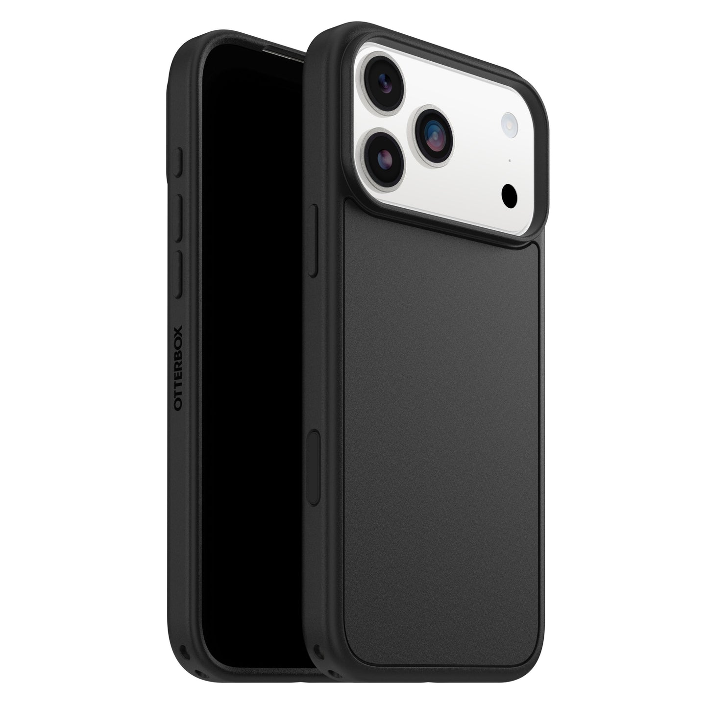 Otterbox Symmetry MagSafe cover til iPhone 17 Pro Max sort med telefon og synligt triple kameraudskæring, delvist skubbet ud.