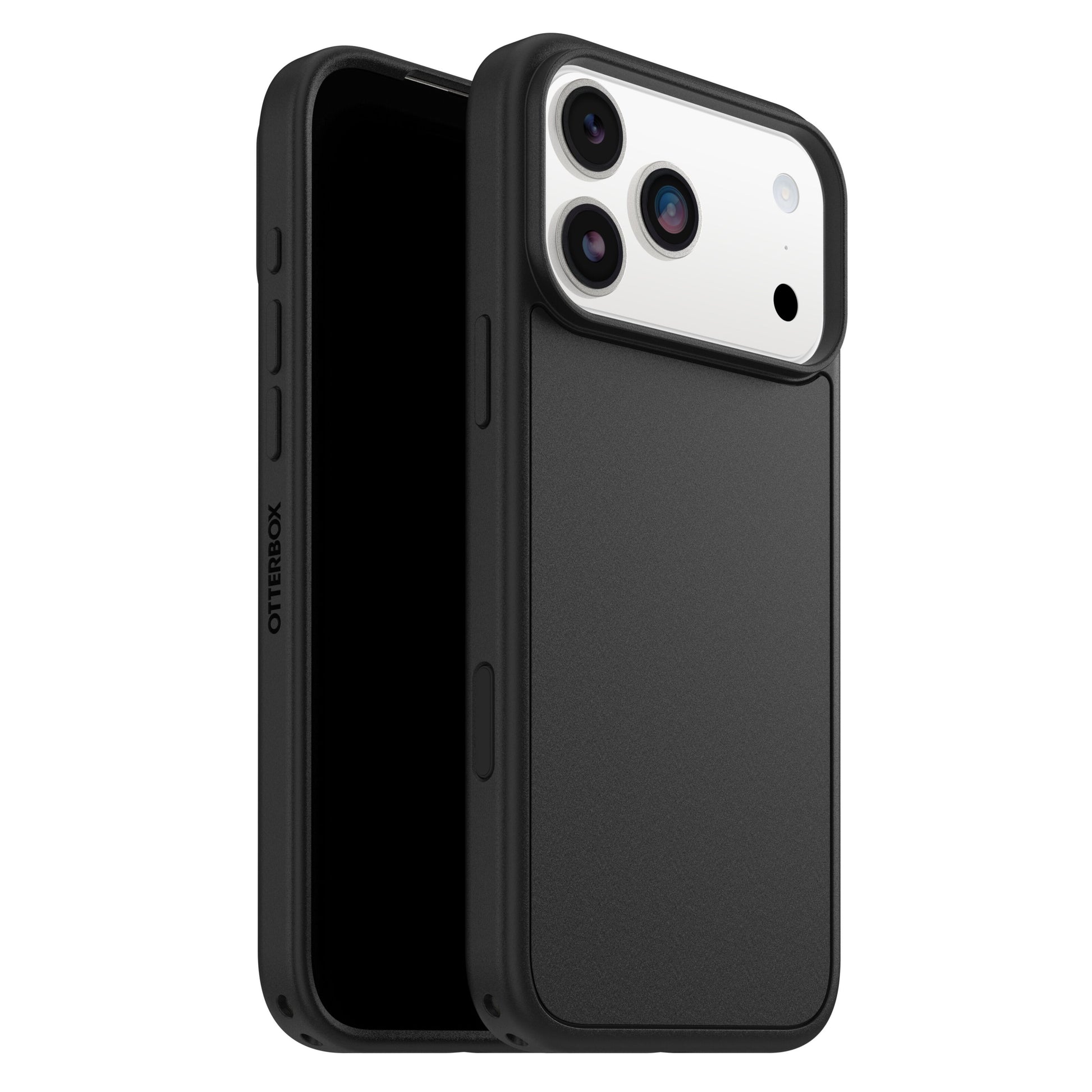 Otterbox Symmetry MagSafe cover til iPhone 17 Pro Max sort med telefon og synligt triple kameraudskæring, delvist skubbet ud.