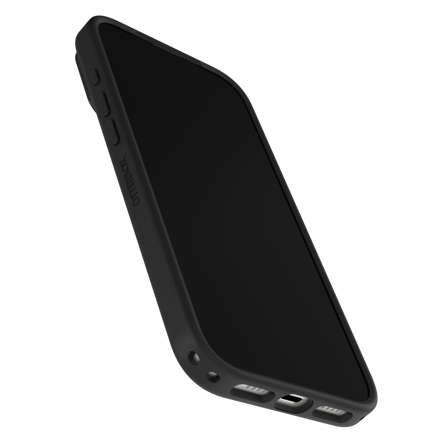 Sort Otterbox Symmetry MagSafe cover til iPhone 17 Pro Max, vises fra vinkel med skærm, sideknapper, port og MagSafe.