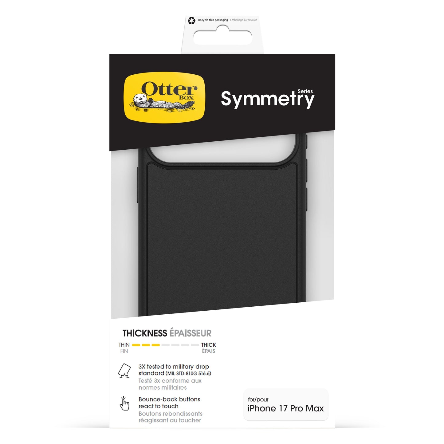 Otterbox Symmetry Magsafe cover til iPhone 17 Pro Max sort med MagSafe-understøttelse og responsive knapper.
