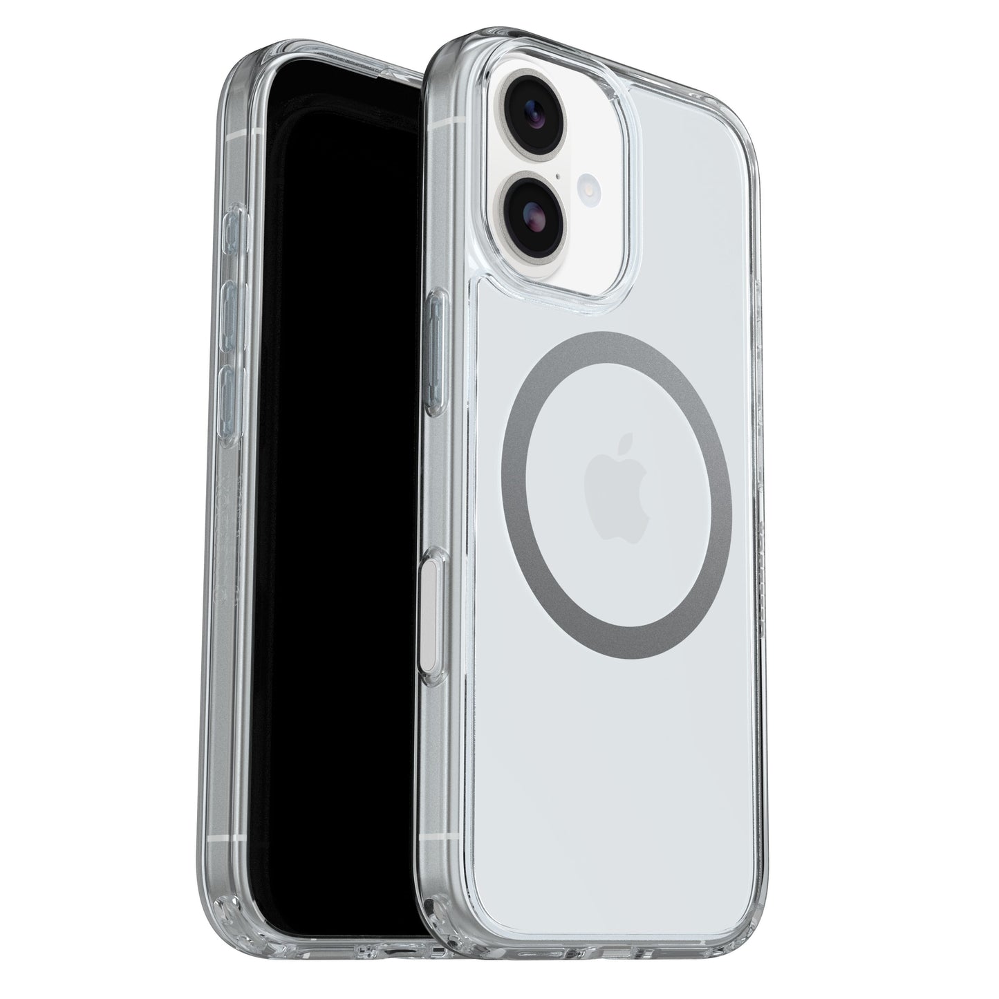 Otterbox Symmetry MagSafe iPhone 17 cover klar, ét med sort skærm, ét med synlig MagSafe-ring og Apple-logo.