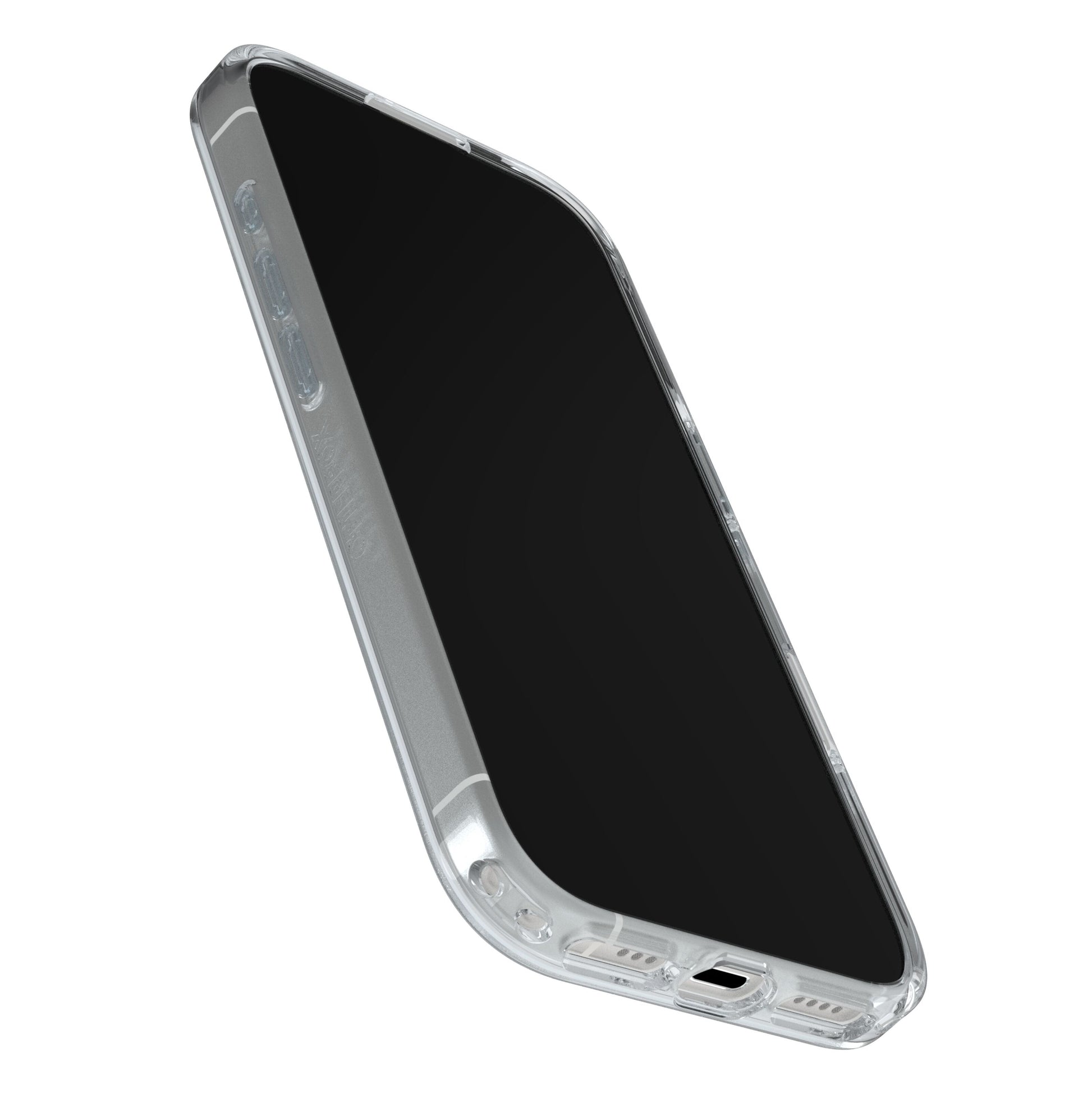 IPhone 17 med sort skærm i gennemsigtigt Symmetry Magsafe cover, afrundede kanter, åbninger til opladning og højttaler.