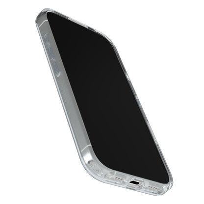 IPhone 17 med sort skærm i gennemsigtigt Symmetry Magsafe cover, afrundede kanter, åbninger til opladning og højttaler.