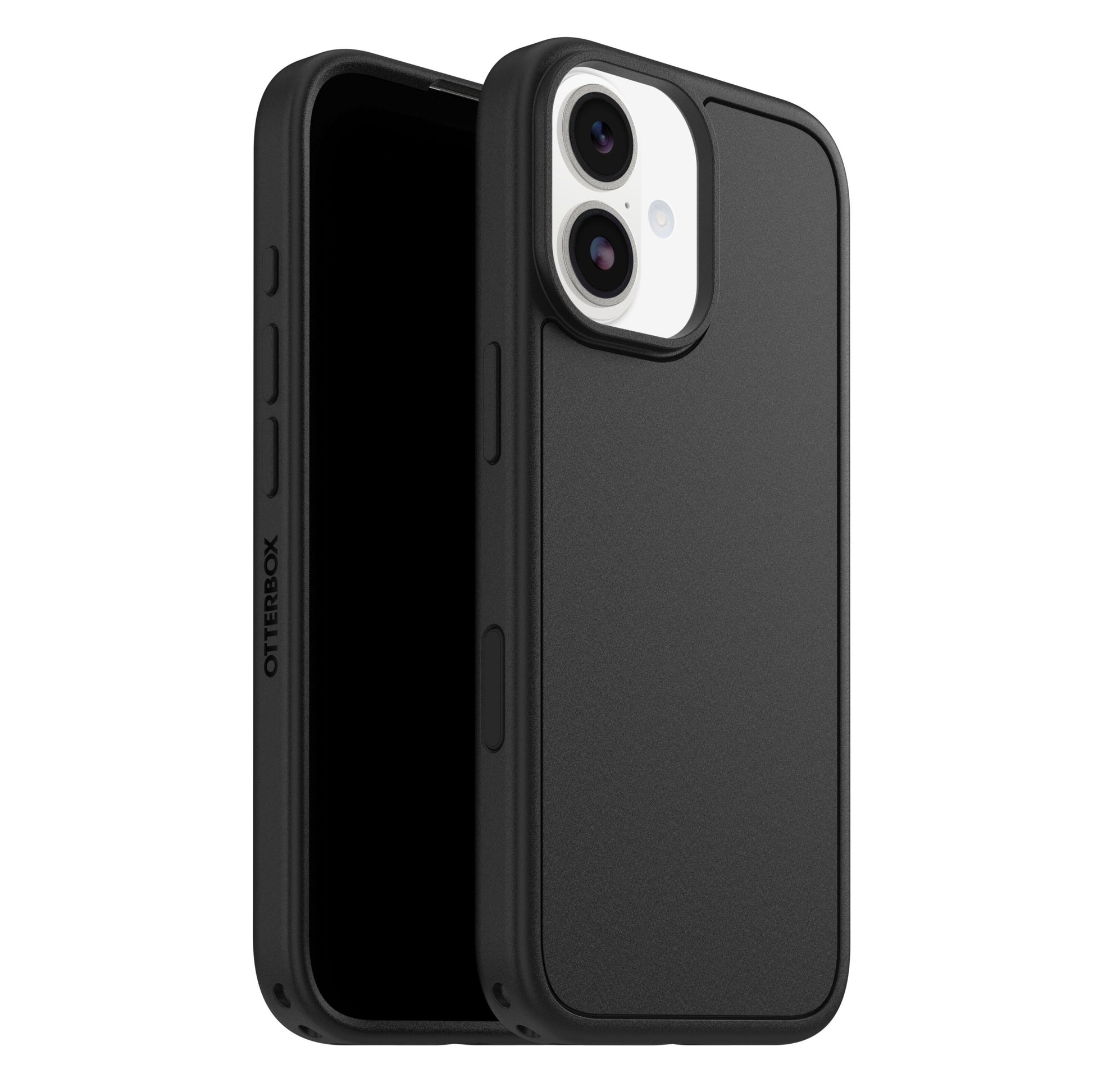 Otterbox Symmetry MagSafe cover til iPhone 17 sort set bagfra og fra siden med nøjagtige knap- og portudskæringer.
