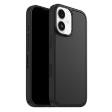 Otterbox Symmetry MagSafe cover til iPhone 17 sort set bagfra og fra siden med nøjagtige knap- og portudskæringer.