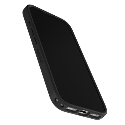 Otterbox Symmetry MagSafe cover til iPhone 17 sort, vinkel med sideknapper og opladningsport synlige.