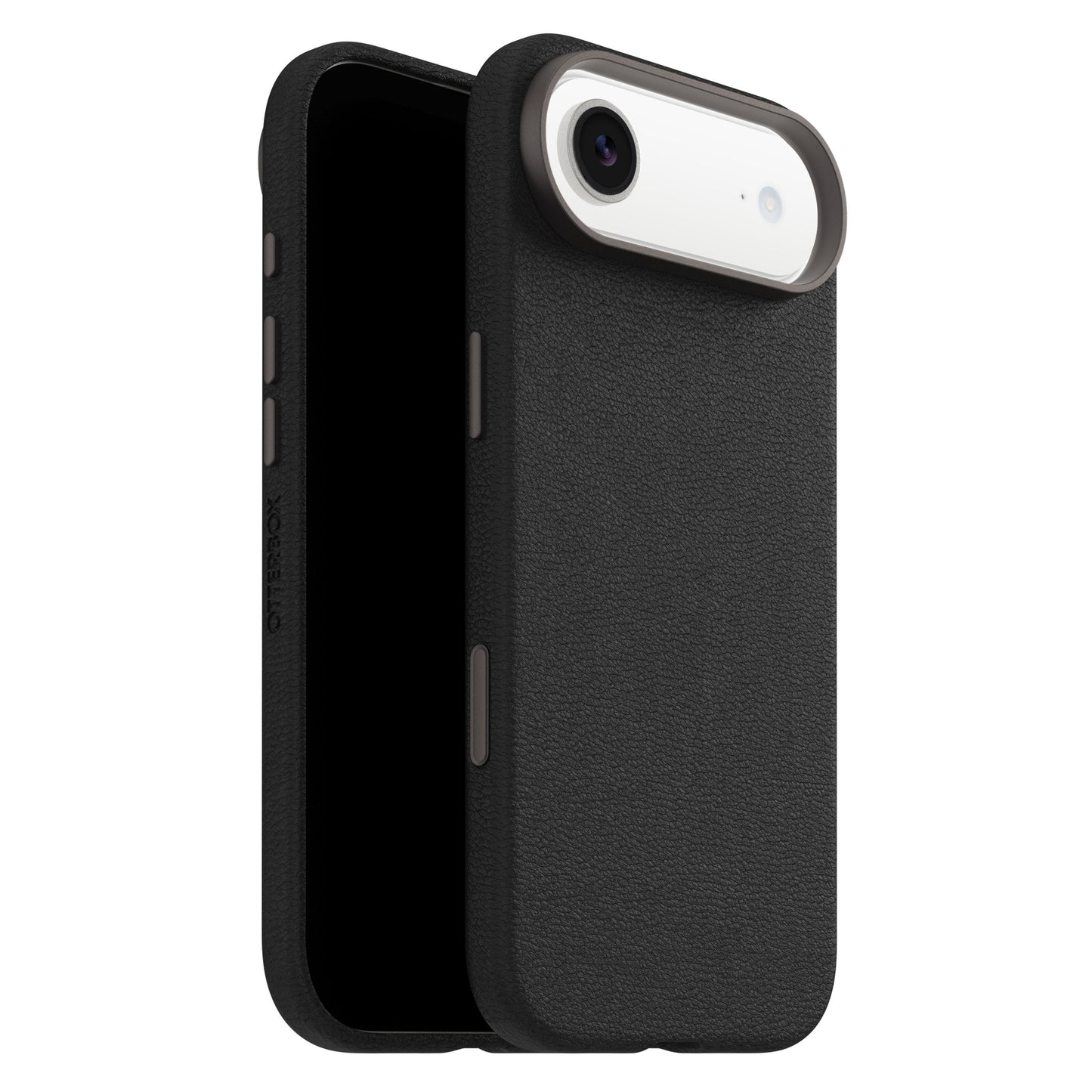 Otterbox Symmetry Cactus Leather MagSafe cover sort til iPhone Air, tekstur, udskæring til enkelt kamera, flash og knapper.