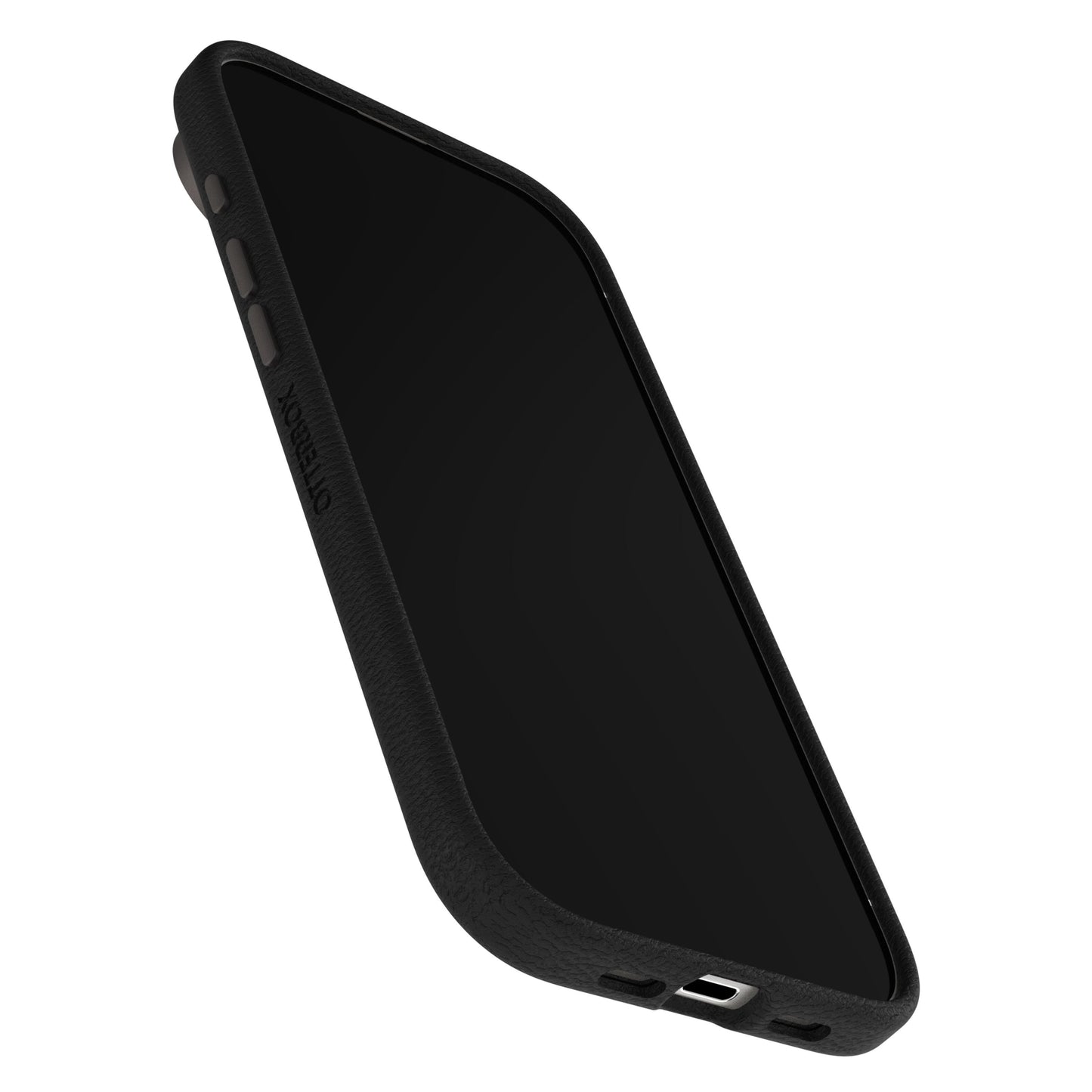 Otterbox Symmetry Cactus Leather MagSafe cover til iPhone Air sort, vinkelvisning med synlige sideknapper.