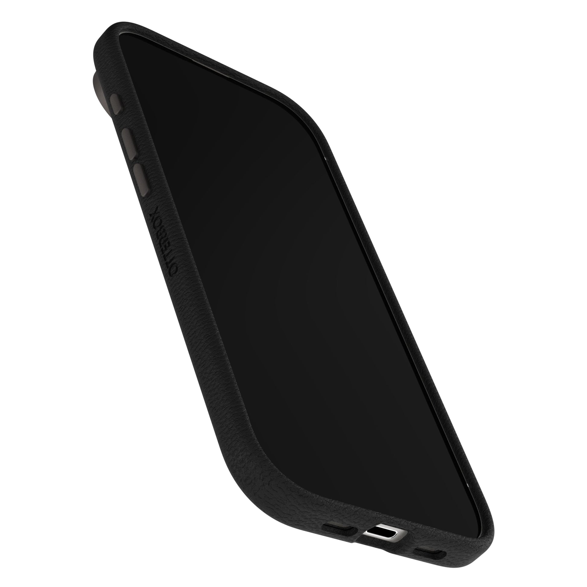 Otterbox Symmetry Cactus Leather MagSafe cover til iPhone Air sort, vinkelvisning med synlige sideknapper.