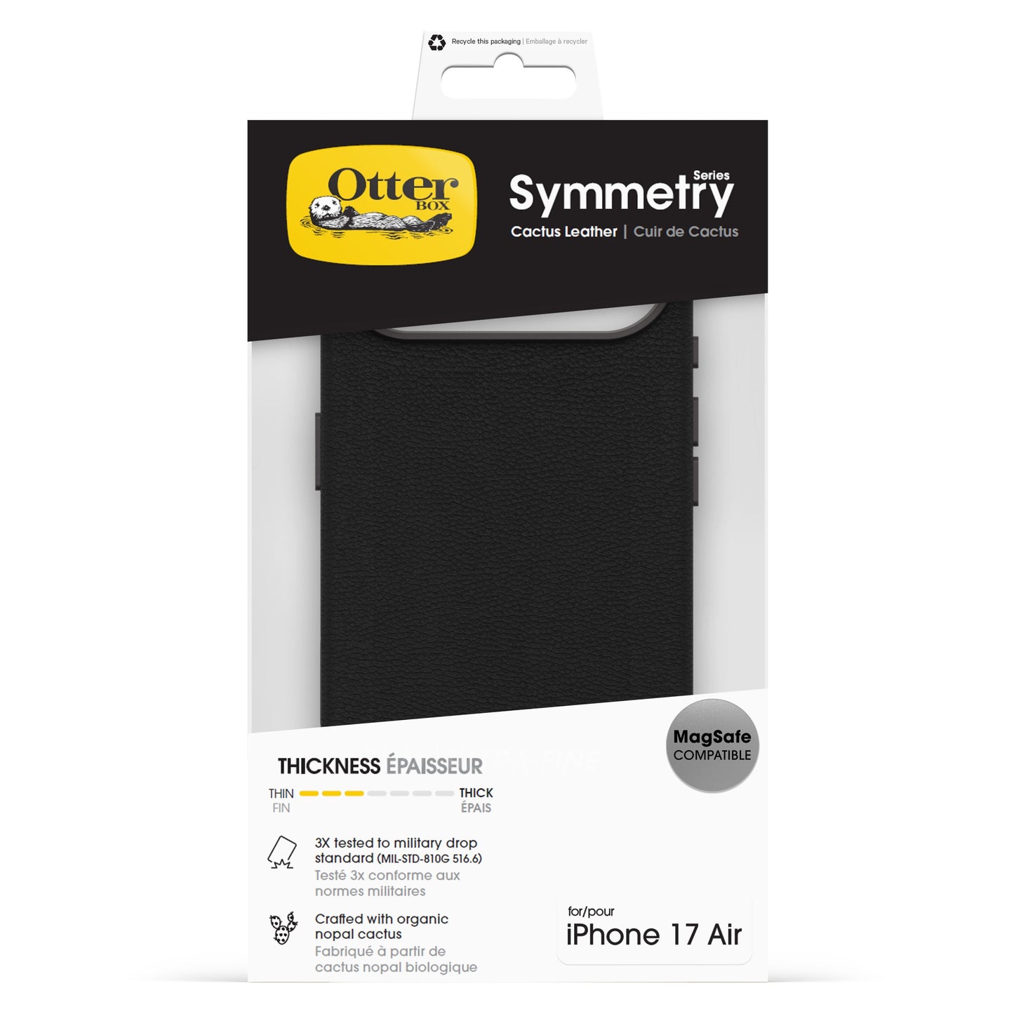 Otterbox Symmetry Cactus Leather MagSafe cover til iPhone Air sort, militær-grad beskyttelse, MagSafe-emballage.