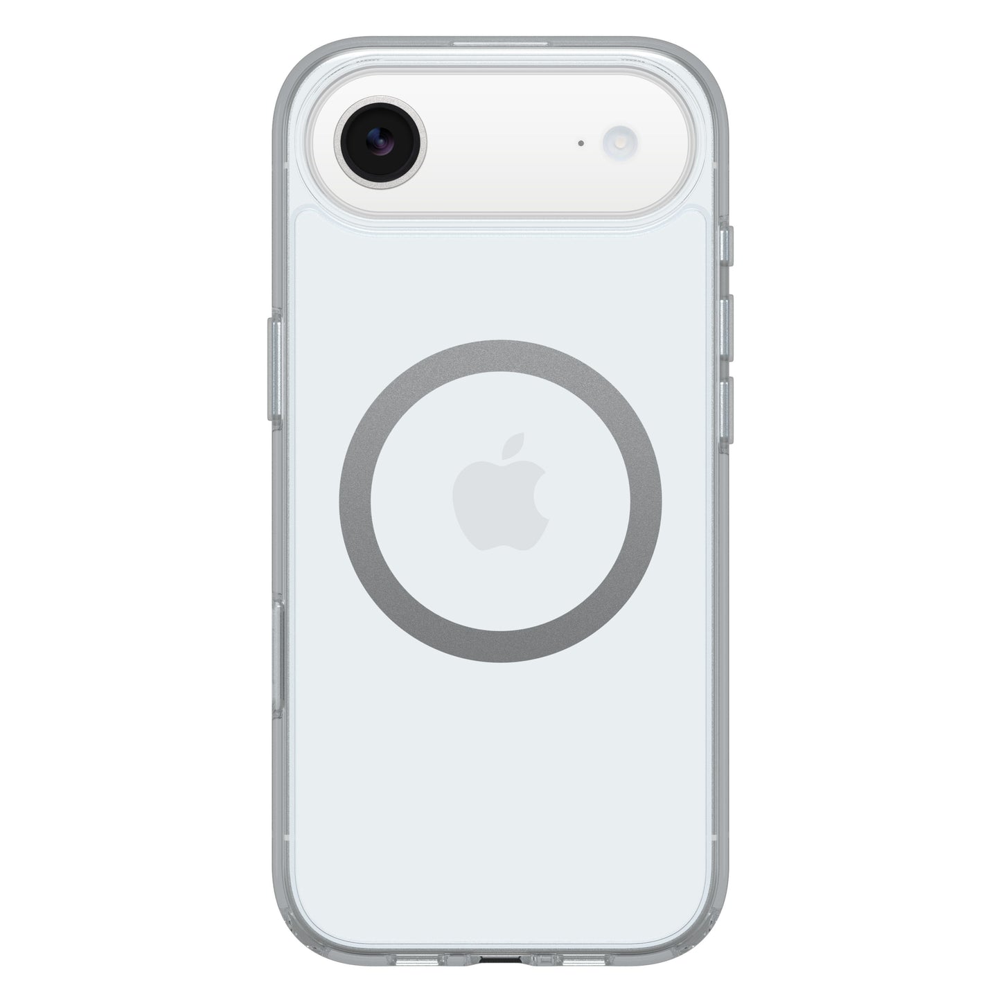 Otterbox Symmetry MagSafe cover til iPhone Air Klar med cirkulær MagSafe-ring og Apple-logo, gennemsigtig bagside.