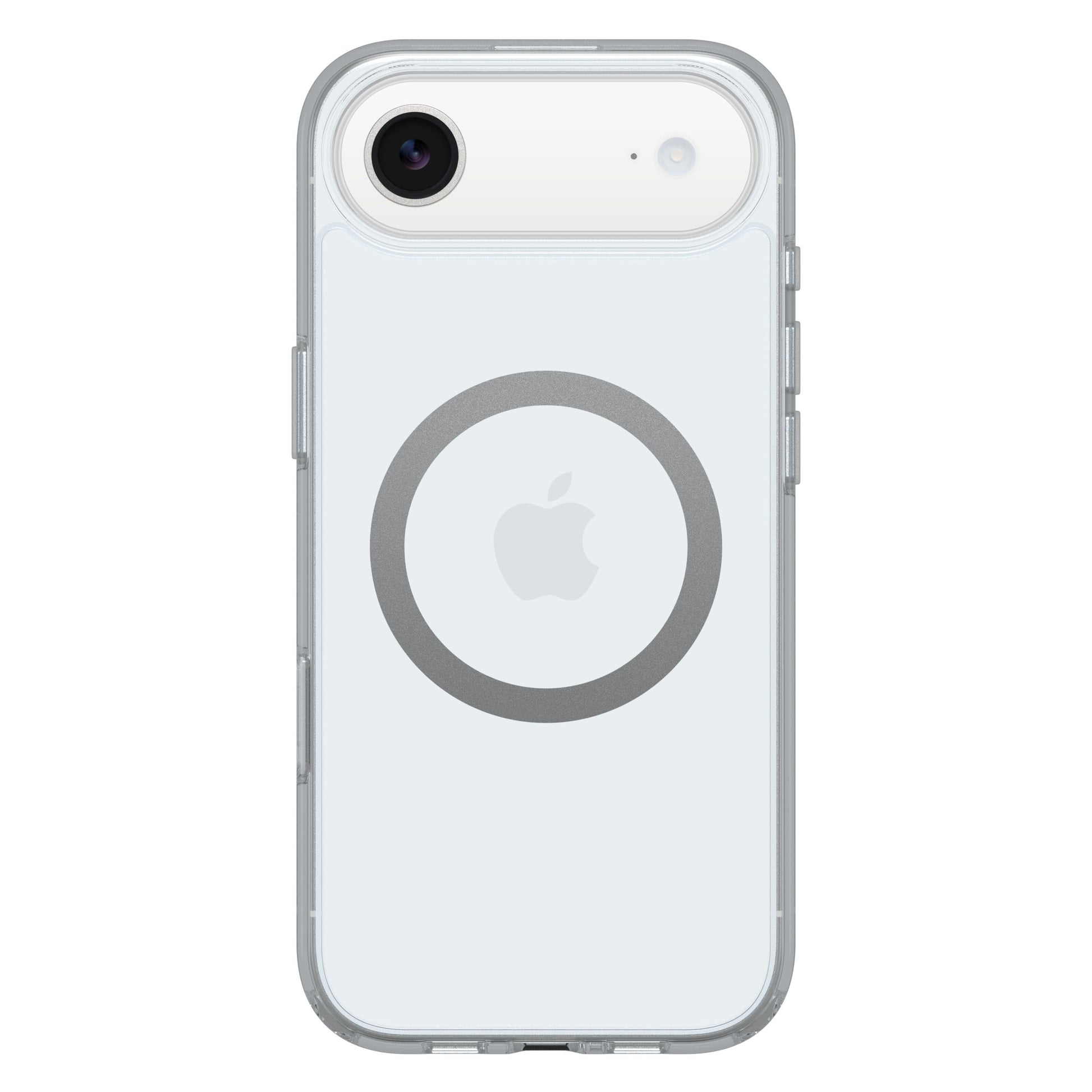 Otterbox Symmetry MagSafe cover til iPhone Air Klar med cirkulær MagSafe-ring og Apple-logo, gennemsigtig bagside.