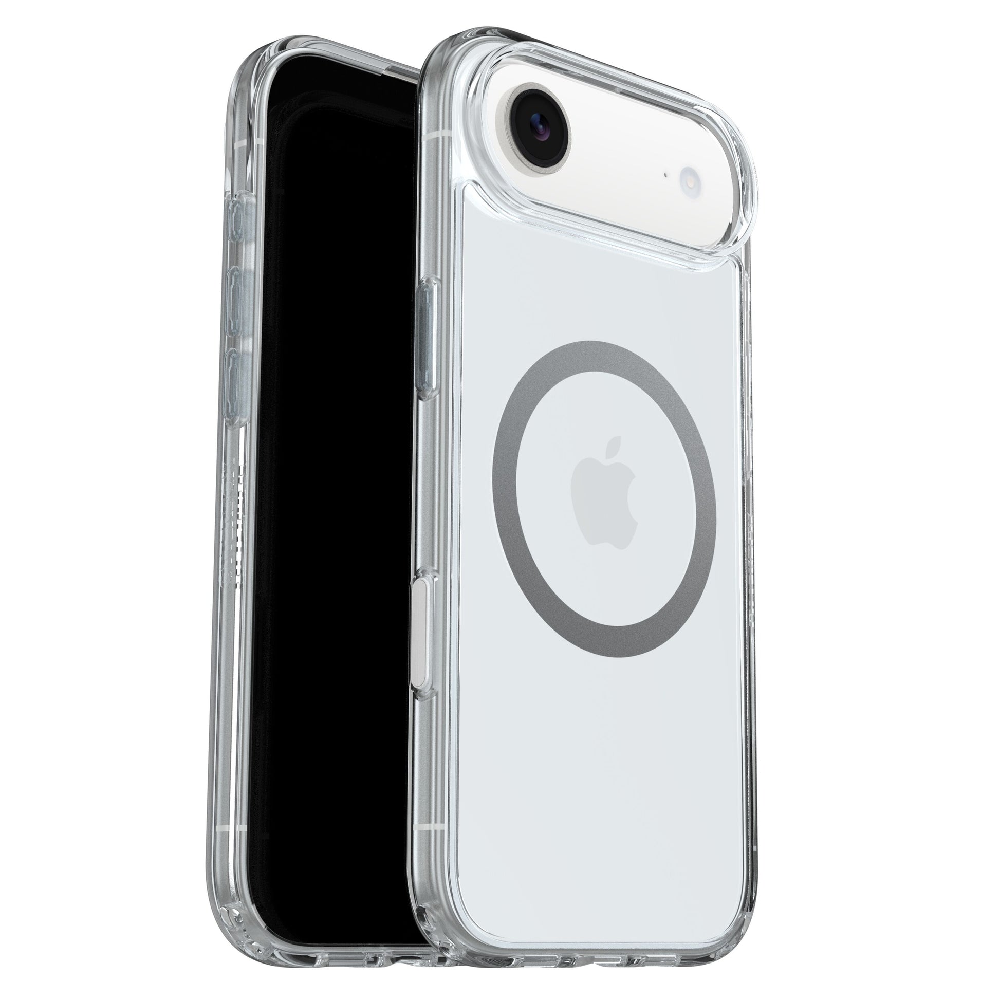 Otterbox Symmetry MagSafe cover til iPhone Air, klar, transparent med rund MagSafe-ring og synligt Apple-logo.