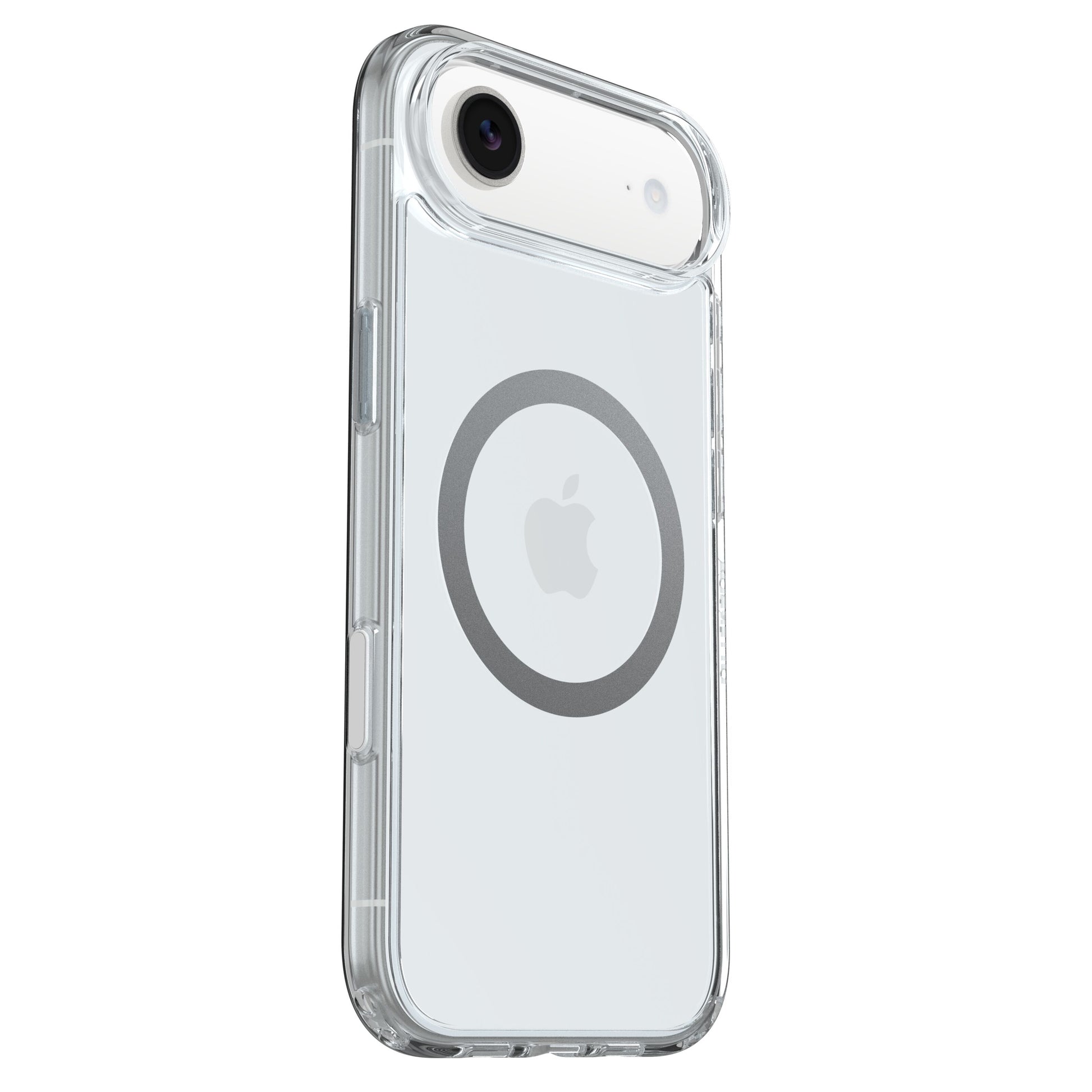 Symmetry Magsafe iPhone Air cover klar med grå MagSafe-ring, synligt Apple-logo på hvid iPhone.
