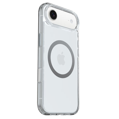 Symmetry Magsafe iPhone Air cover klar med grå MagSafe-ring, synligt Apple-logo på hvid iPhone.