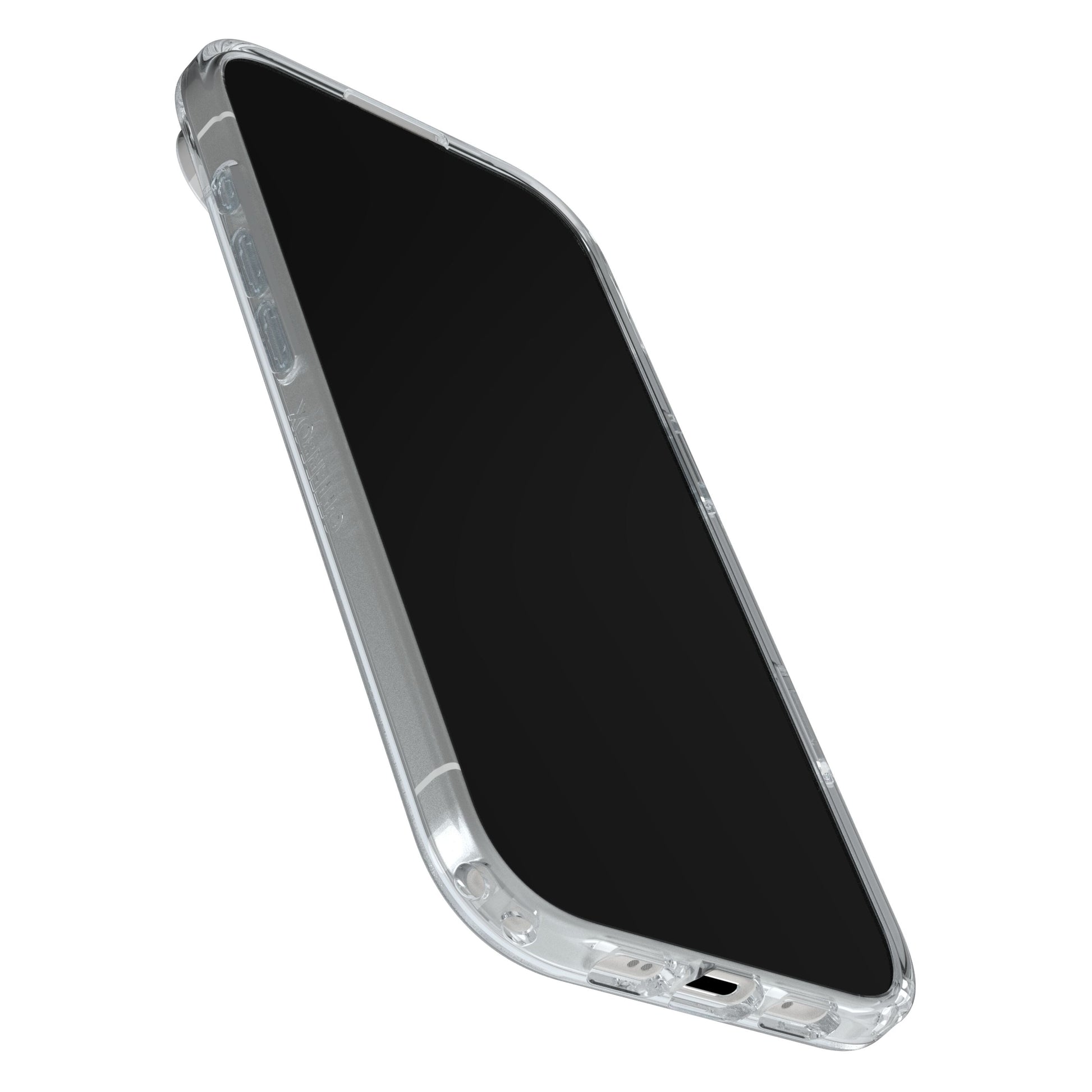 IPhone Air med gennemsigtigt Symmetry MagSafe-cover, sort skærm og sideknapper synlige, vises fra skrå vinkel.