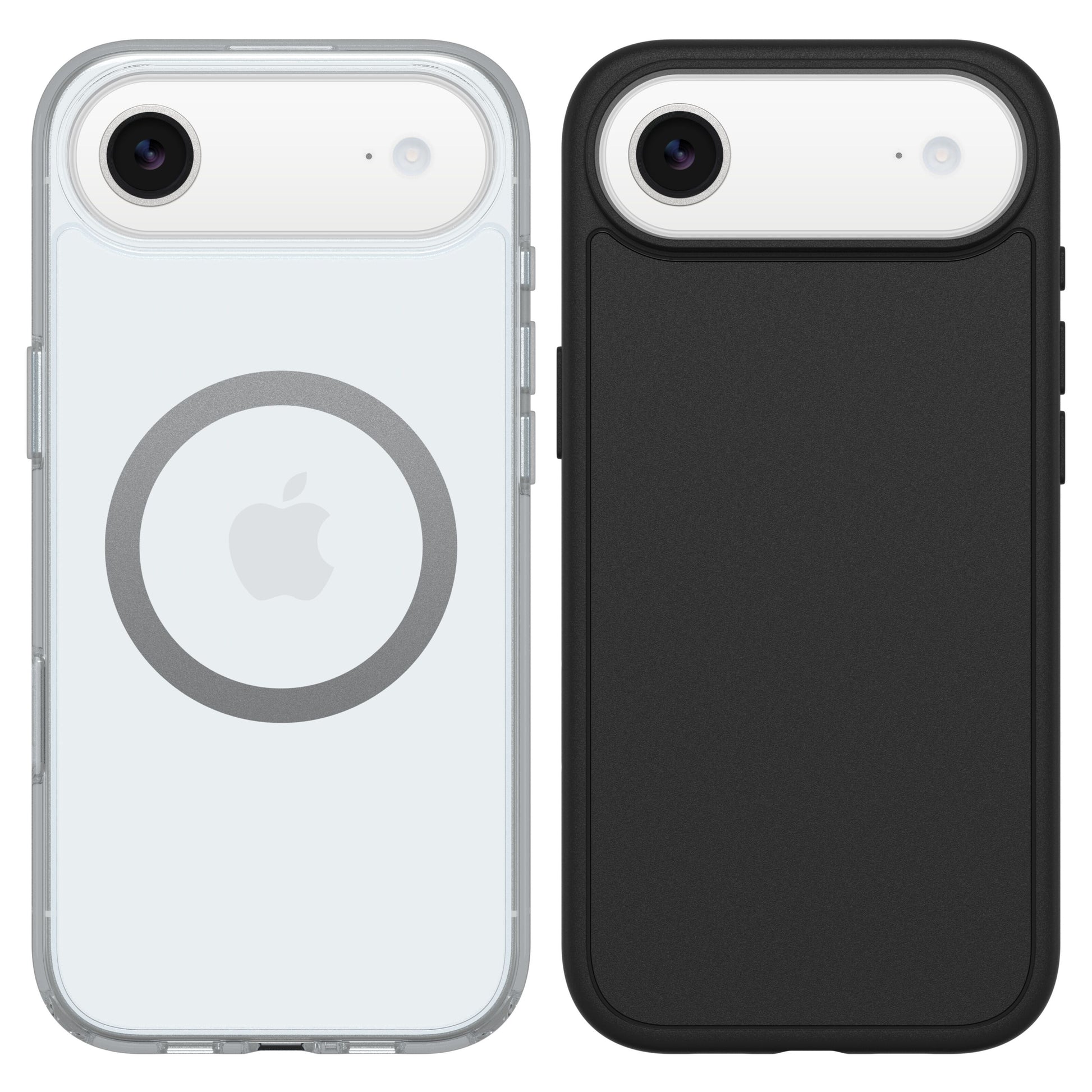 IPhone Air med slankt MagSafe-cover og ét bagkamera, Otterbox Symmetry Magsafe-cover sort, begge med militærbeskyttelse.