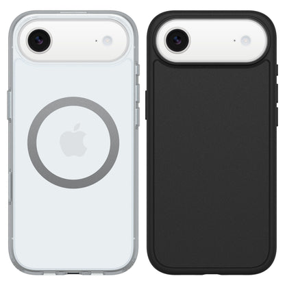 IPhone Air med slankt MagSafe-cover og ét bagkamera, Otterbox Symmetry Magsafe-cover sort, begge med militærbeskyttelse.