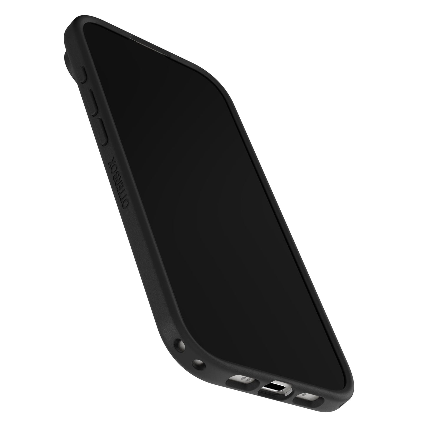 Otterbox Symmetry Magsafe cover til iPhone Air sort med synlige volumeknapper, opladningsudskæring og højtalerhuller.