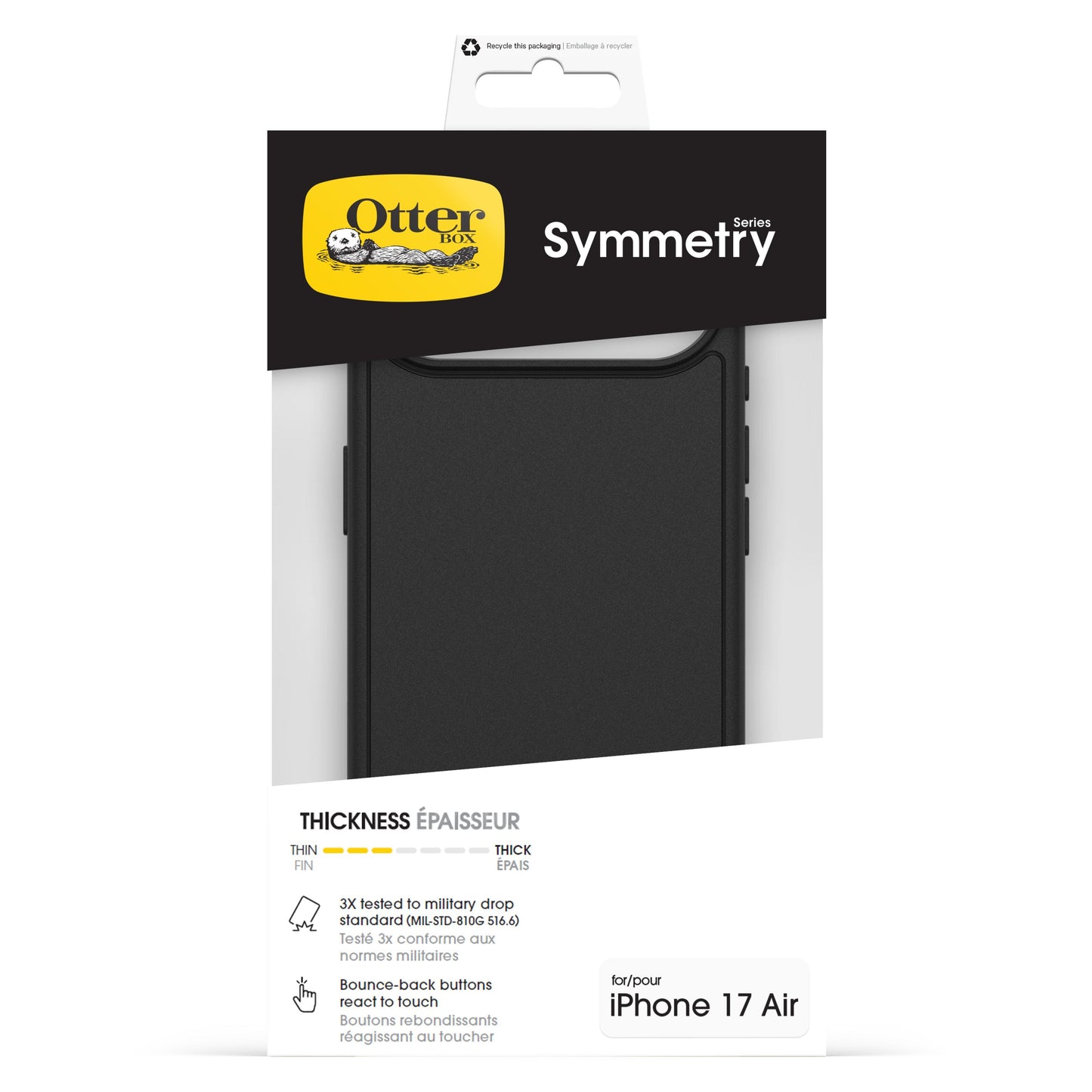 Otterbox Symmetry MagSafe cover til iPhone Air sort med militærbeskyttelse, bounce-back-knapper og MagSafe emballage.
