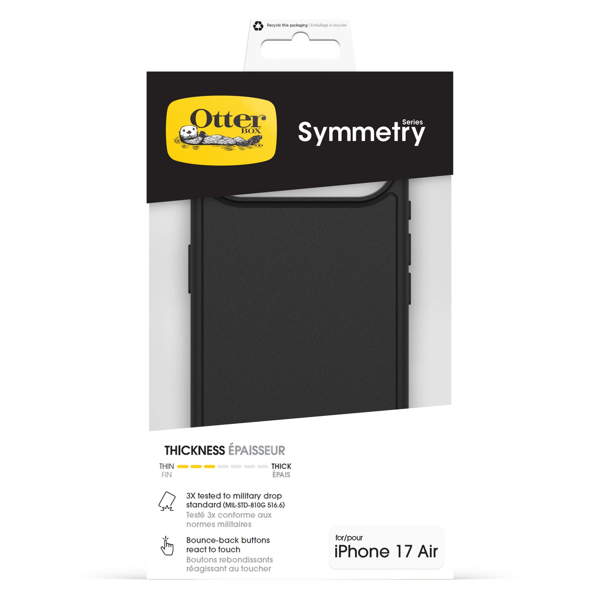 Otterbox Symmetry MagSafe cover til iPhone Air sort med militærbeskyttelse, bounce-back-knapper og MagSafe emballage.