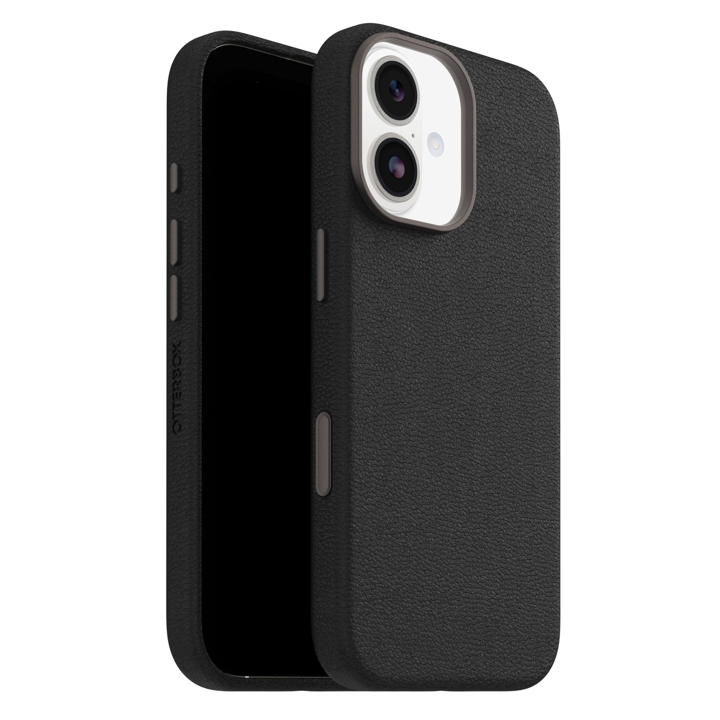 Otterbox Symmetry Cactus Leather MagSafe cover til iPhone 17 sort med tekstur, dækker sider og taske undtagen skærm og kamera.