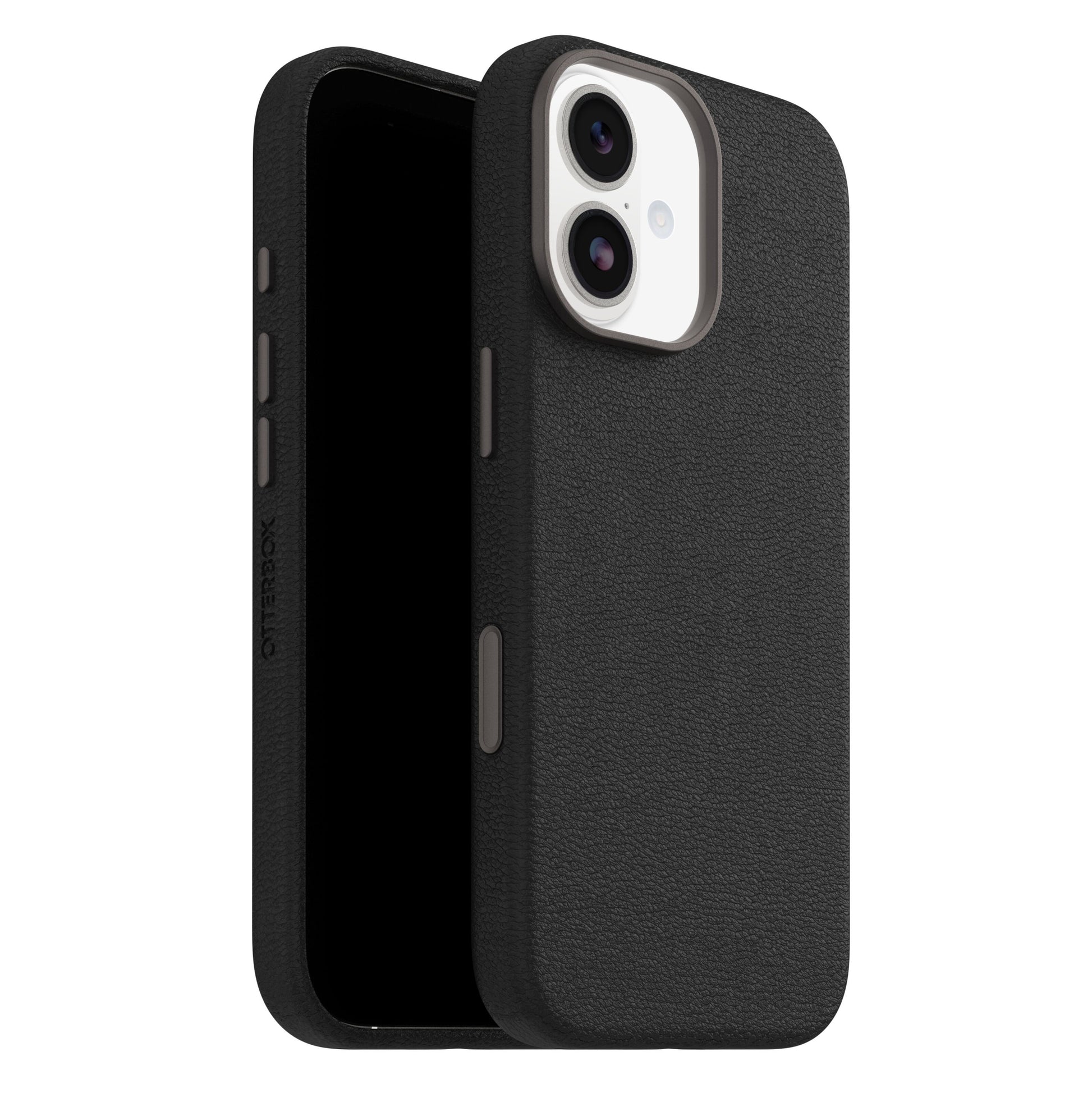 Otterbox Symmetry Cactus Leather MagSafe cover til iPhone 17 sort med tekstur, dækker sider og taske undtagen skærm og kamera.