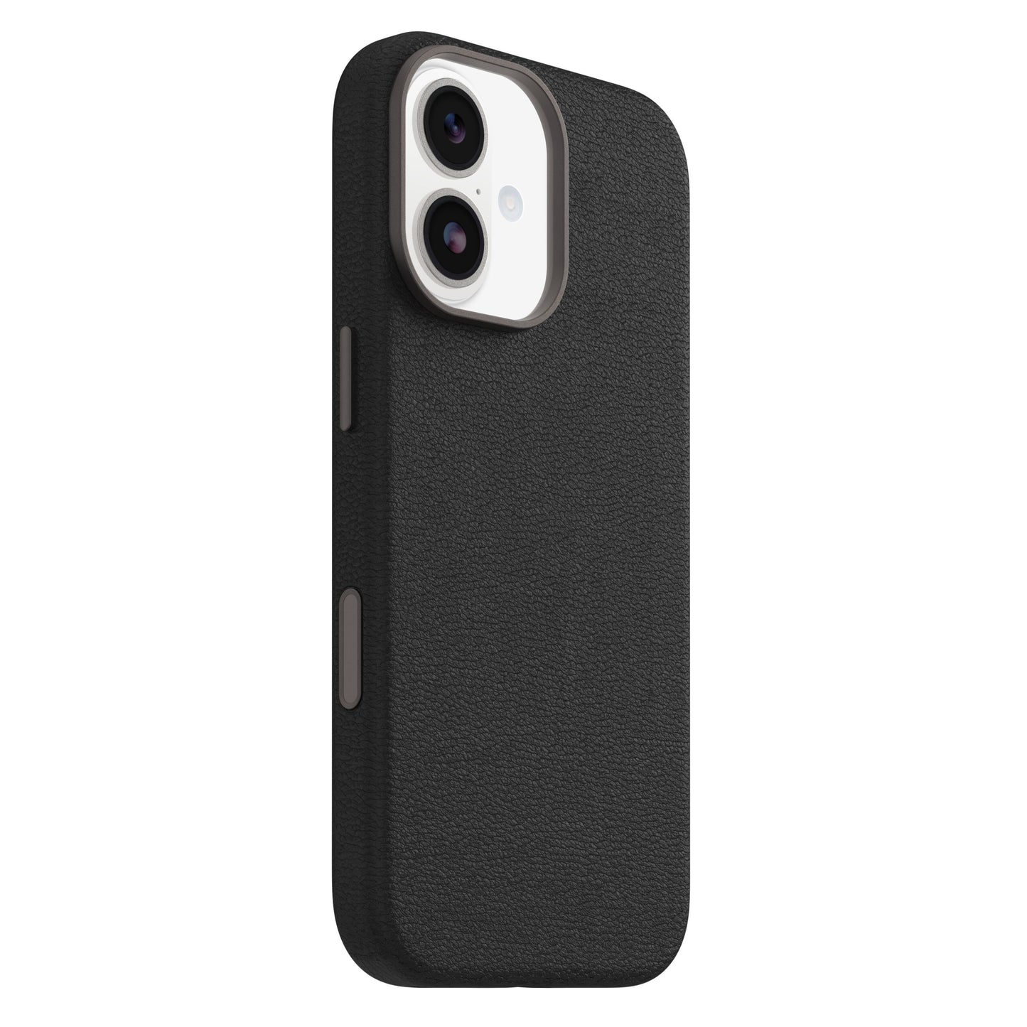 Symmetry Cactus Leather MagSafe cover til iPhone 17 sort, tekstur, sideknapper synlige, udskæringer til to bagkameraer.