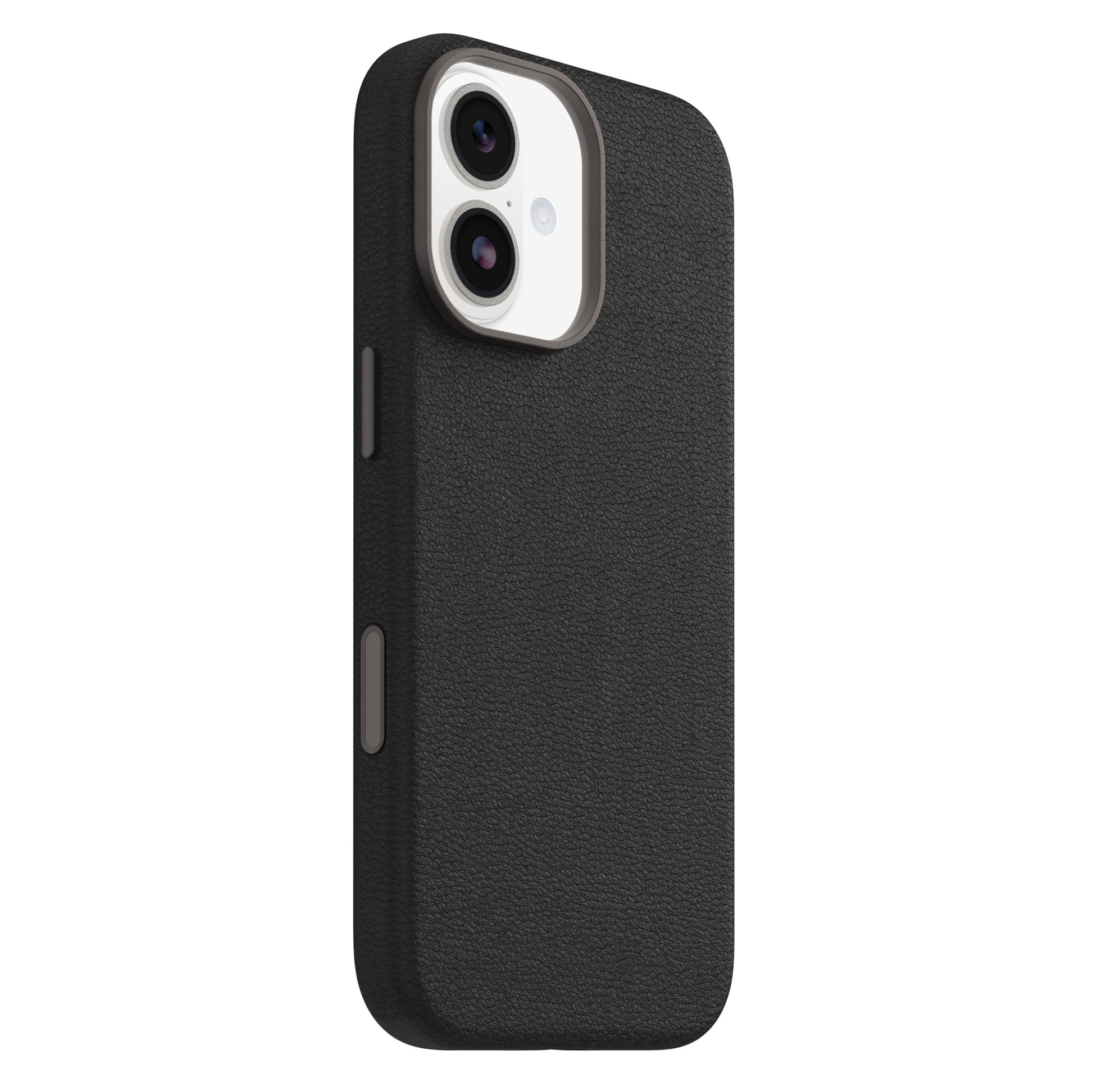 Symmetry Cactus Leather MagSafe cover til iPhone 17 sort, tekstur, sideknapper synlige, udskæringer til to bagkameraer.