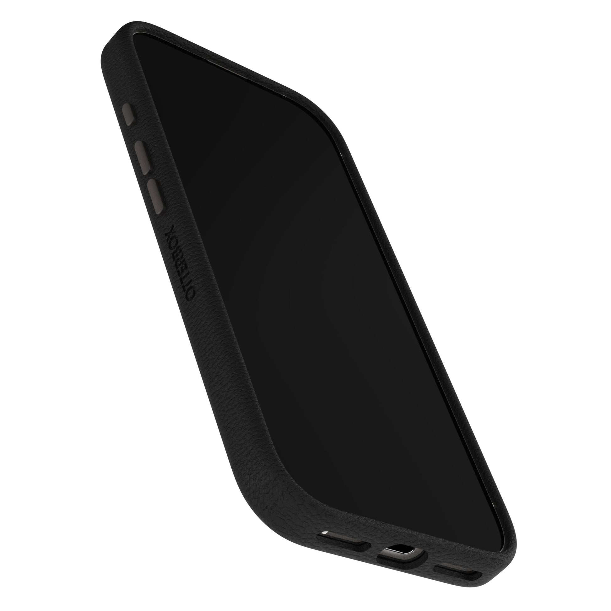 Otterbox Symmetry Cactus Leather MagSafe cover til iPhone 17 sort, viser forside, sideknapper og bundporte.