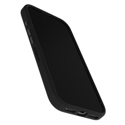 Otterbox Symmetry Cactus Leather MagSafe cover til iPhone 17 sort, viser forside, sideknapper og bundporte.