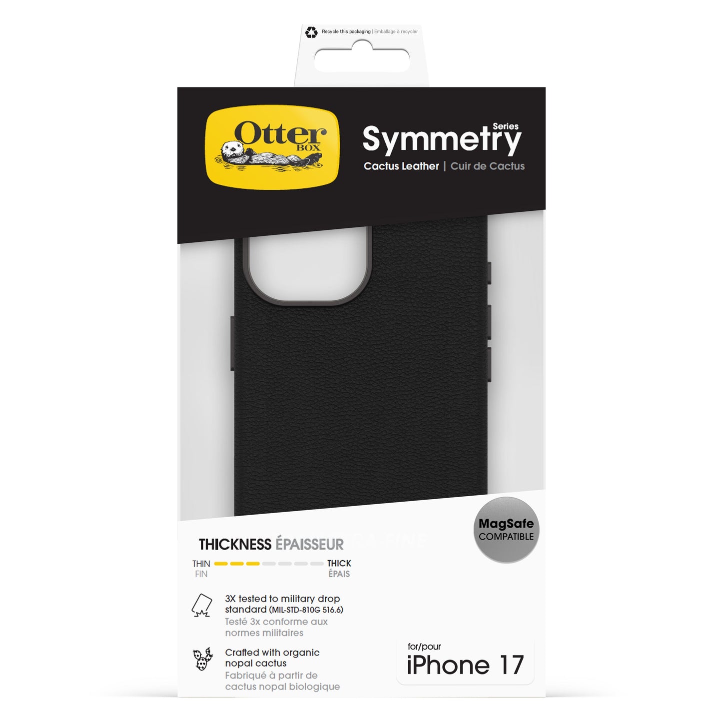 Otterbox Symmetry Cactus Leather MagSafe cover til iPhone 17 sort delvist synligt i detailæske med MagSafe og stød-beskyttelse.