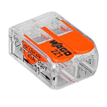Wago 221-412 åbnbar hurtigklemme til 2 ledninger, transparent med orange håndtag, pakke med 16 stk.