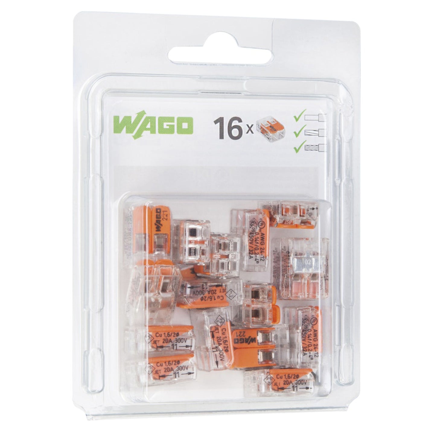 Wago 221-412 åbnbar hurtigklemme, 16 stk pakke, 2 forbindelser pr. klemme, orange/transparente, Wago logo og "16x" på label.