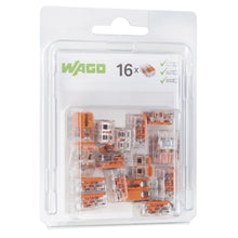 Wago 221-412 åbnbar hurtigklemme, 16 stk pakke, 2 forbindelser pr. klemme, orange/transparente, Wago logo og "16x" på label.