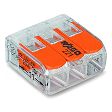 Wago 221-413 åbningsbar hurtigklemme, transparent med tre orange håndtag og printet produktinfo, 12-pak.
