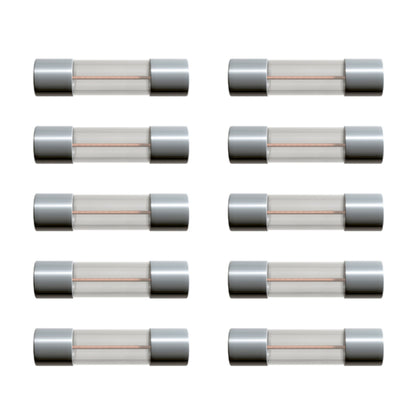 Glasrørsikring 5x20 mm 800 mA Træg T, 10-pak, arrangeret i to lodrette kolonner med fem sikringer med metalkapper.