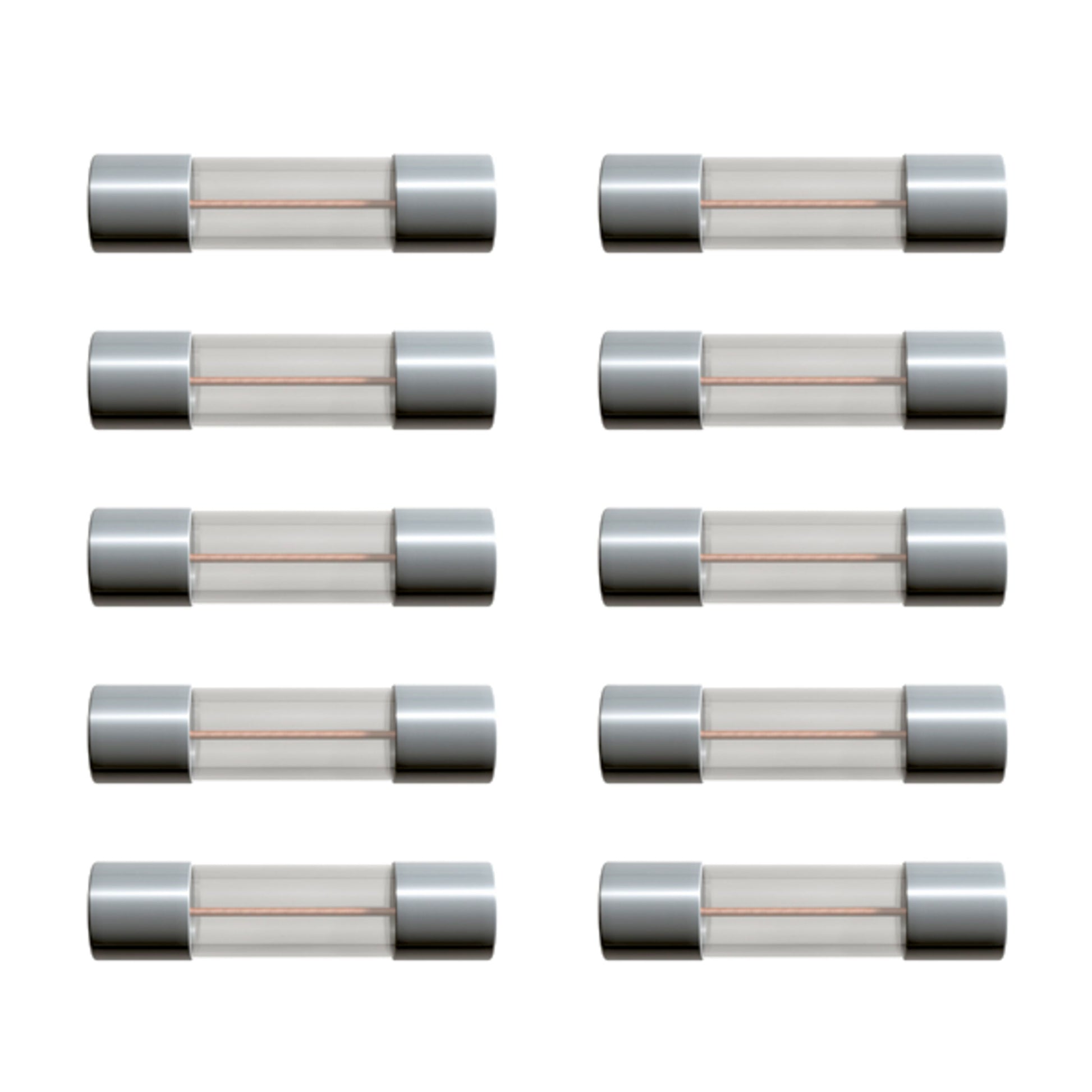 10 stk. glasrørsikringer 5x20 mm 6,3 A træg type T arrangeret i to rækker á fem.