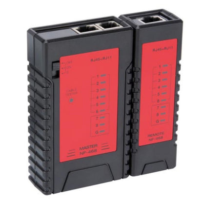 Velleman netværkskabeltester til RJ45/RJ11 med sorte og røde moduler mærket MASTER og REMOTE samt LED indikatorer.