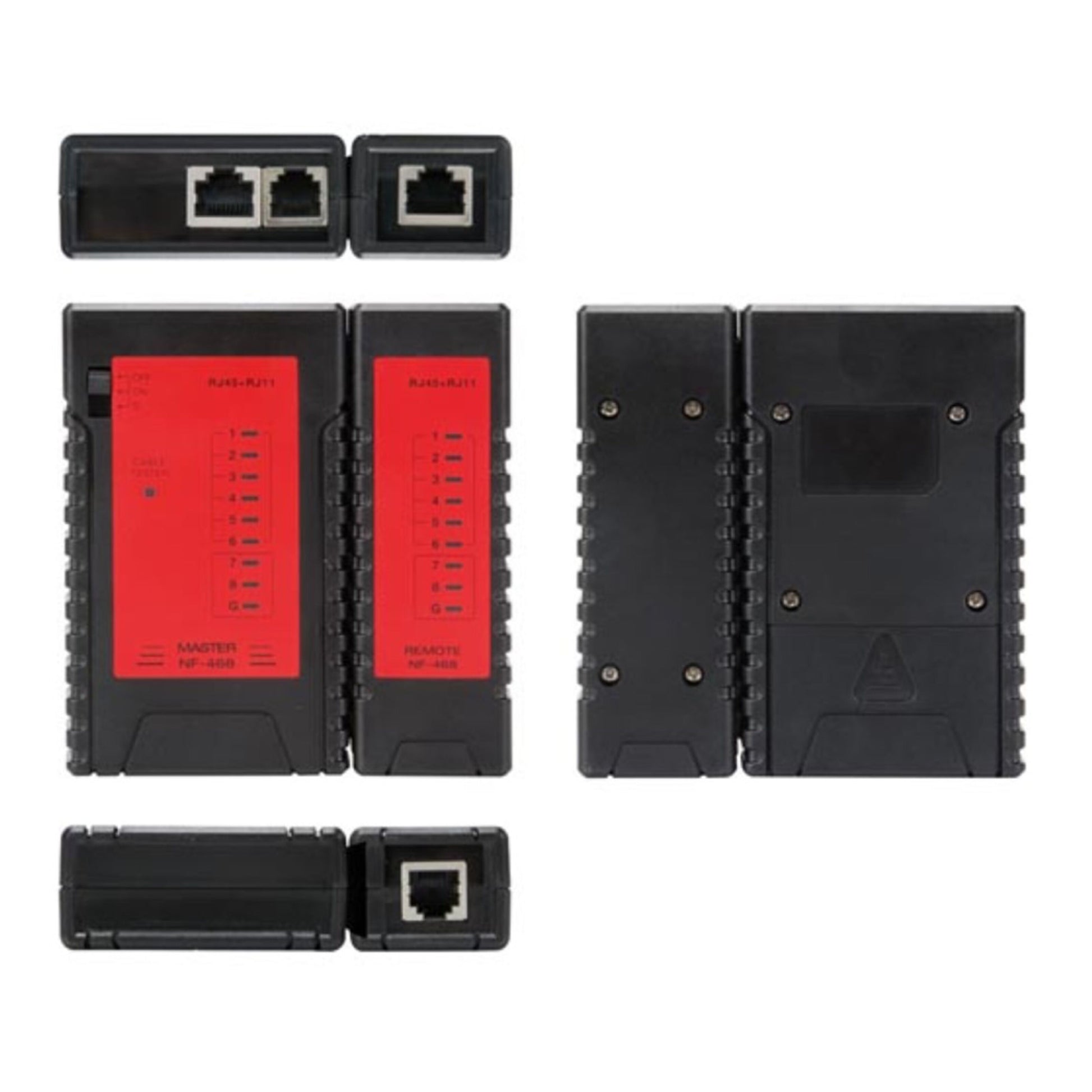 Velleman netværkskabeltester til RJ45/RJ11, sort/rød, til RJ45-porte, LED-indikatorer, master/remote sektion.