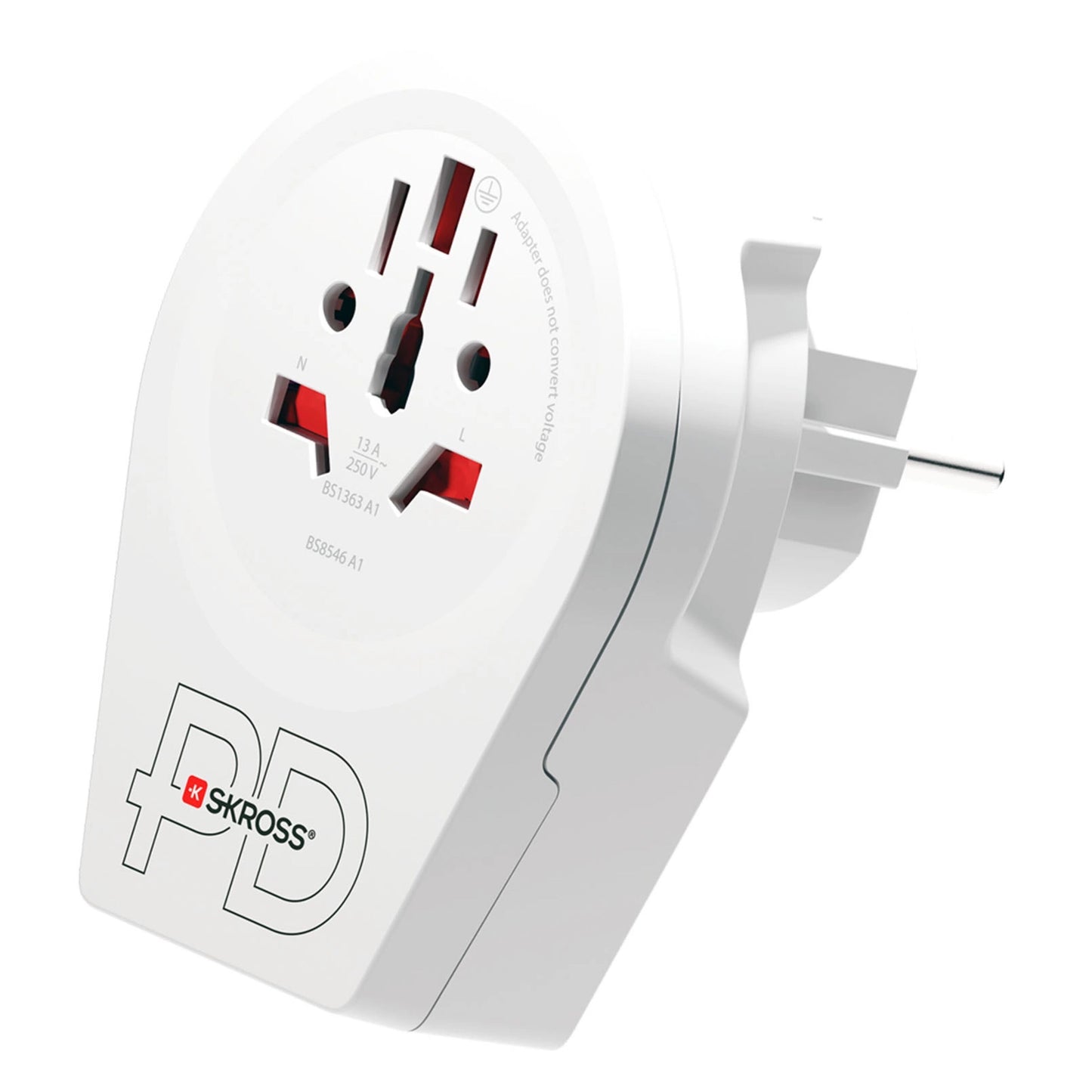 Skross Universal rejseadapter Europa USB-C 20W PD oplader, universal socket, europæisk tobenet adapter, flere stiktyper.