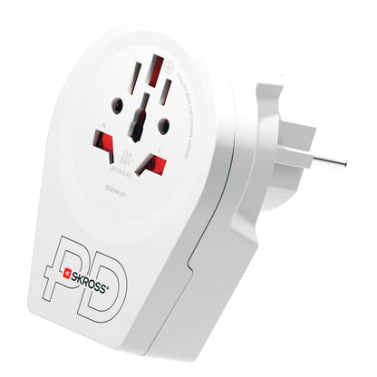 Skross Universal rejseadapter Europa USB-C 20W PD oplader, universal socket, europæisk tobenet adapter, flere stiktyper.