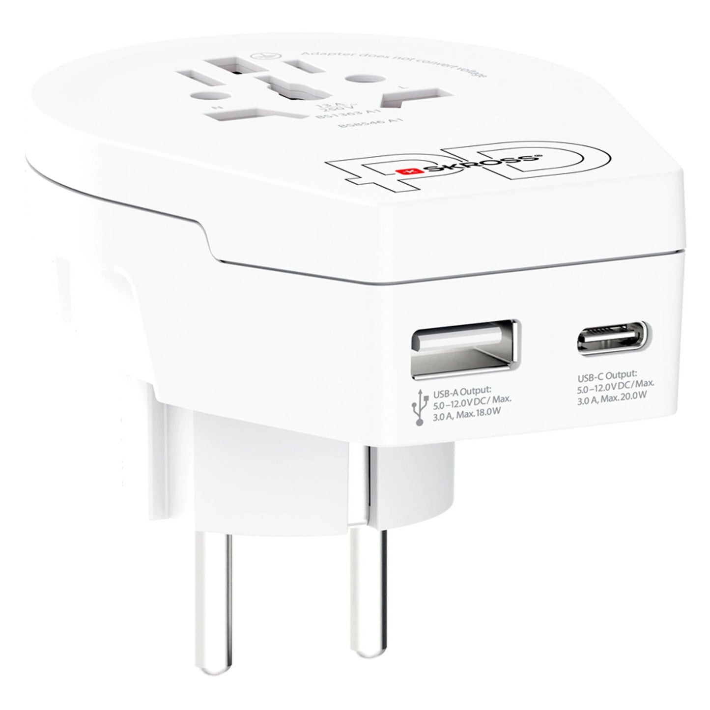 Universal rejseadapter til Europa USB-C 20W PD, rektangulær med flere stiktyper, mærkede udgange og USB-A port.