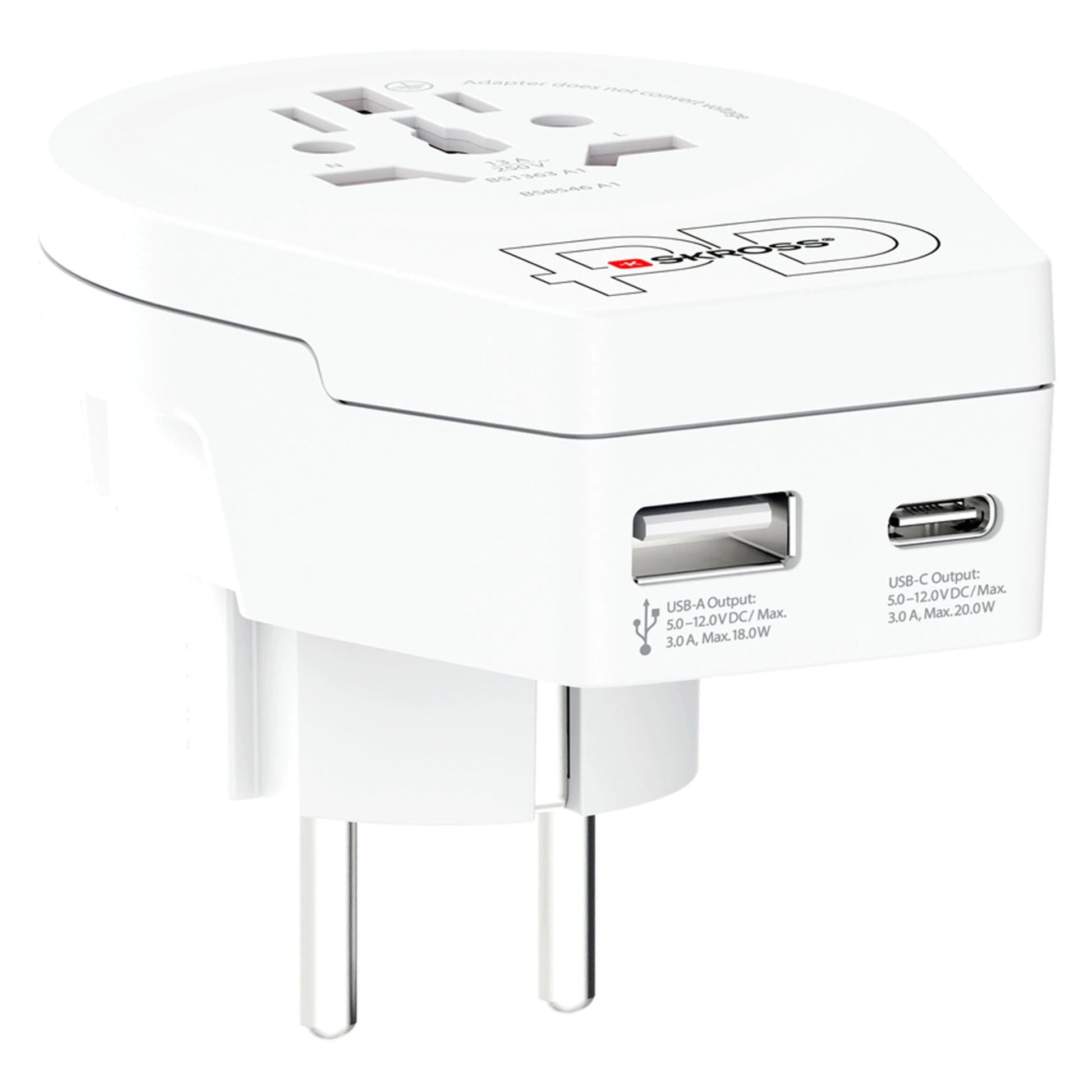 Universal rejseadapter til Europa USB-C 20W PD, rektangulær med flere stiktyper, mærkede udgange og USB-A port.