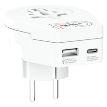 Universal rejseadapter til Europa USB-C 20W PD, rektangulær med flere stiktyper, mærkede udgange og USB-A port.