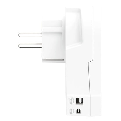 Skross Universal rejseadapter Europa USB-C 20PD, side, til stikben, USB-A og USB-C port nederst.