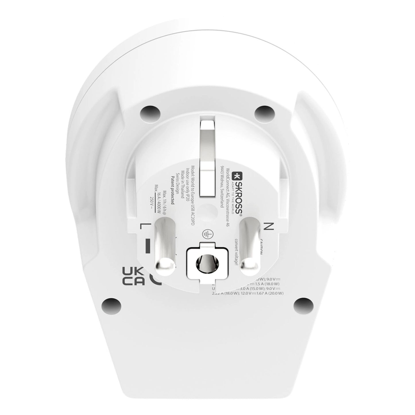 Skross Universal rejseadapter Europa USB-C 20PD, hvid, UK/EU/US stik, tydelige mærkater, låseknap, 20W PD.