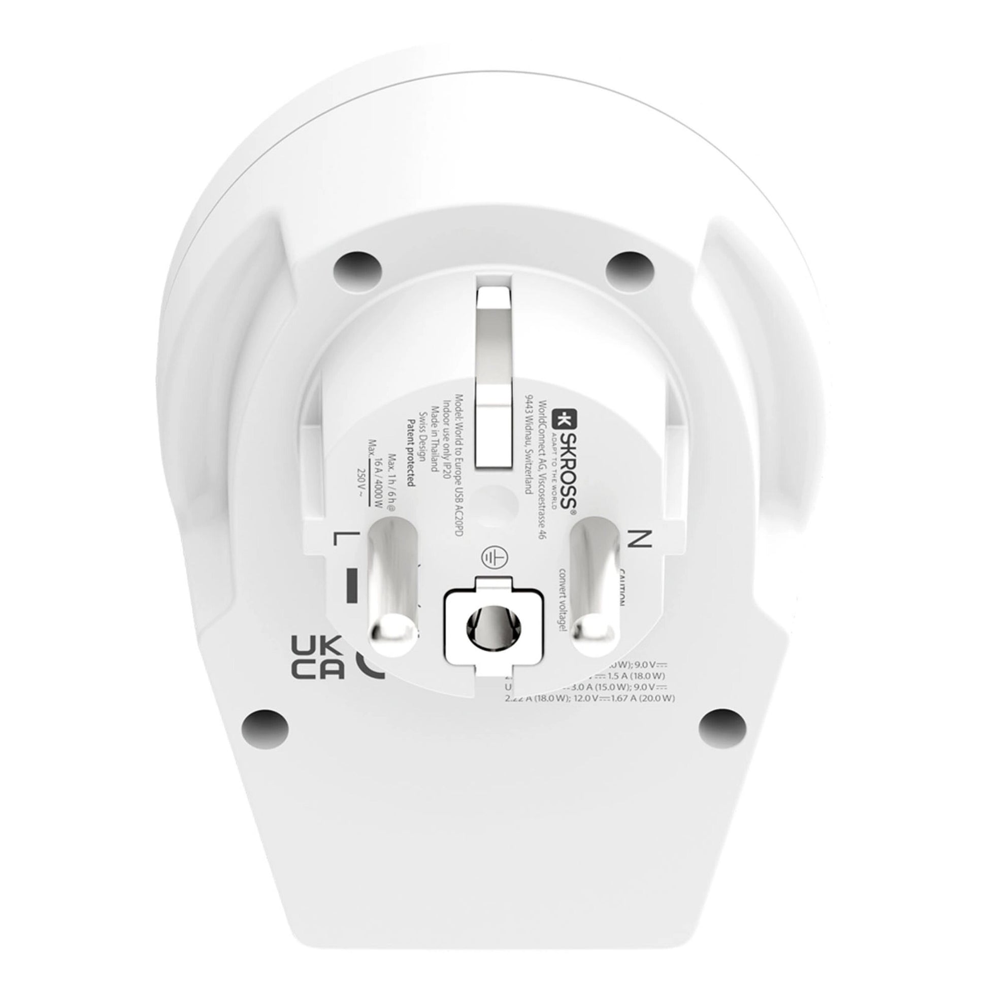 Skross Universal rejseadapter Europa USB-C 20PD, hvid, UK/EU/US stik, tydelige mærkater, låseknap, 20W PD.