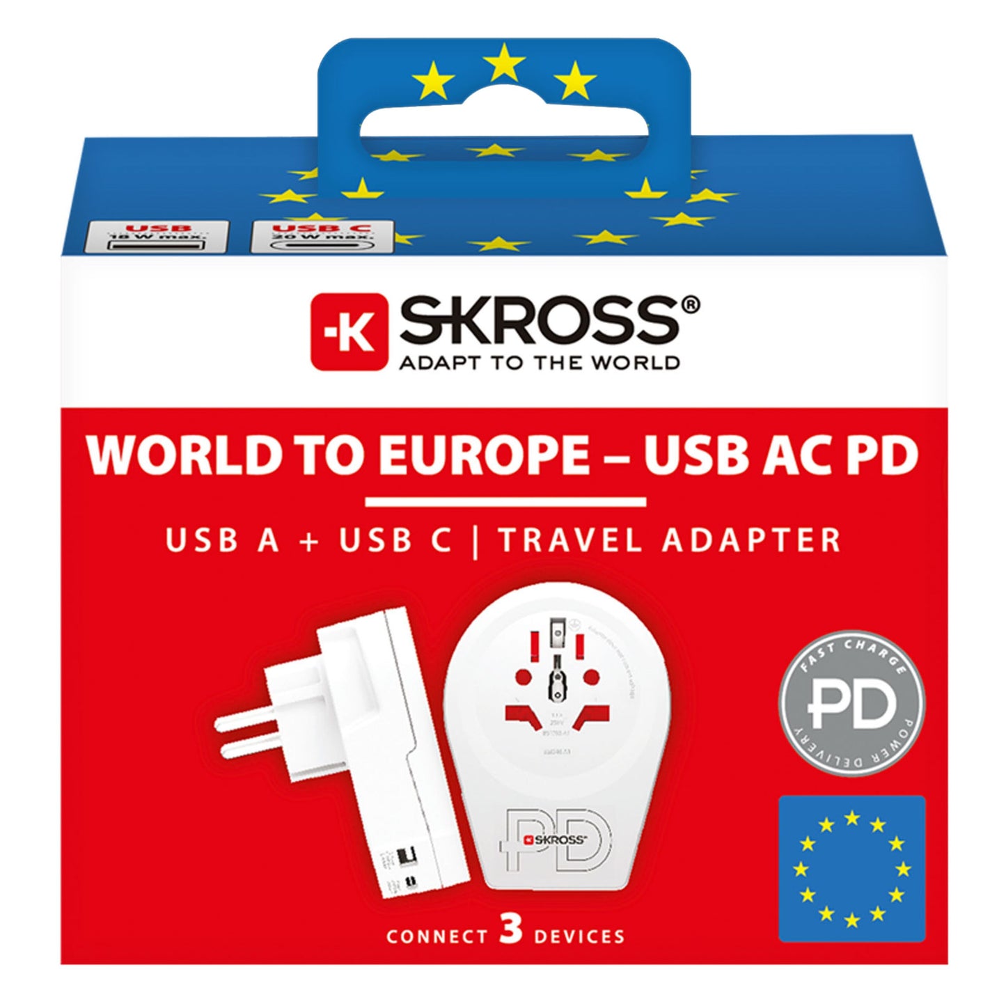 Skross Universal rejseadapter Europa USB-C 20PD med USB-A, USB-C porte, EU-flag og World to Europe USB AC PD emballage.